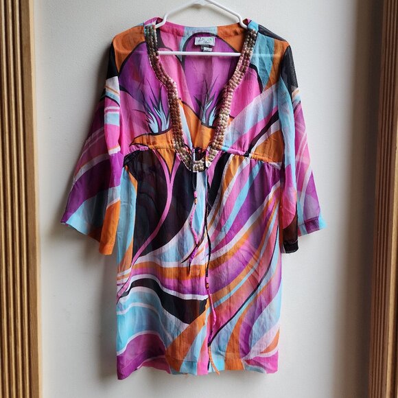 Bali Club Abstract Colorful Semi Sheer Tunic Size Large - Picture 1 of 14